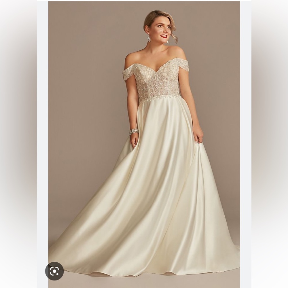 Off shoulder beaded satin wedding dress